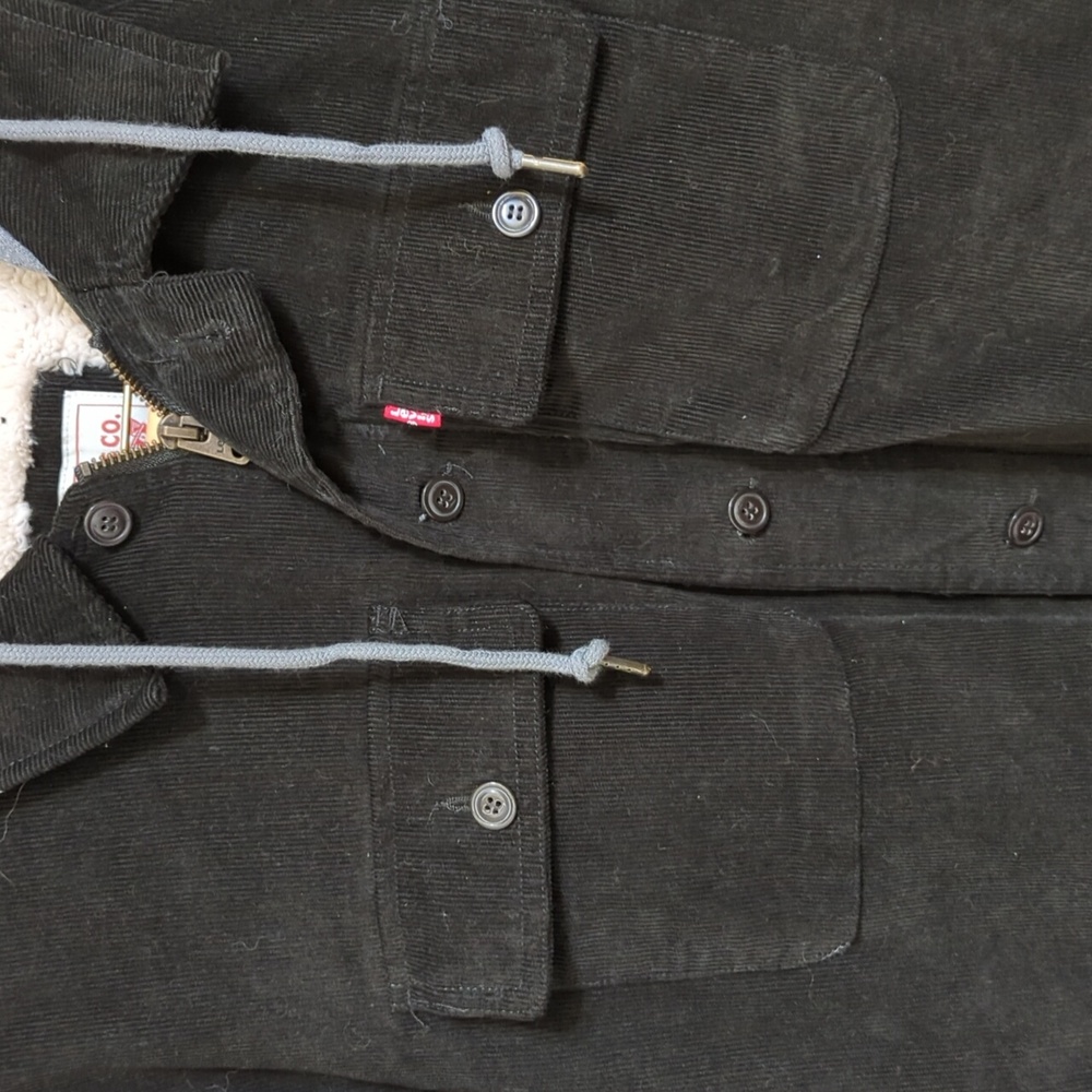 Levi's Black Faux Shearling Lined Hooded Corduroy Shirt Jacket Size XL - Picture 3 of 8